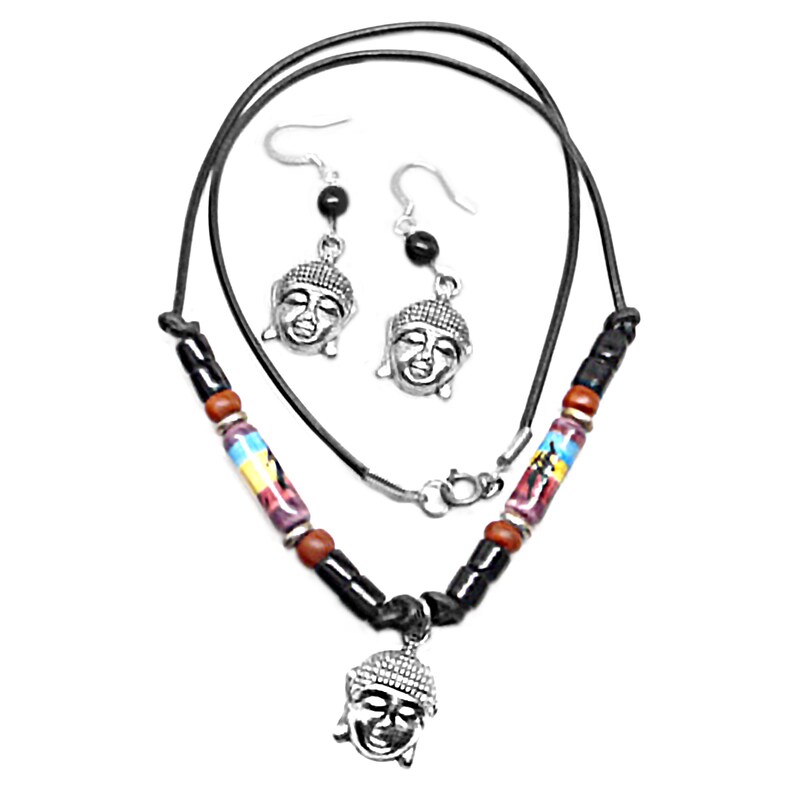 Pewter Buddha Peruvian Ceramic Multi-Color Leather Necklace and Matching Earrings